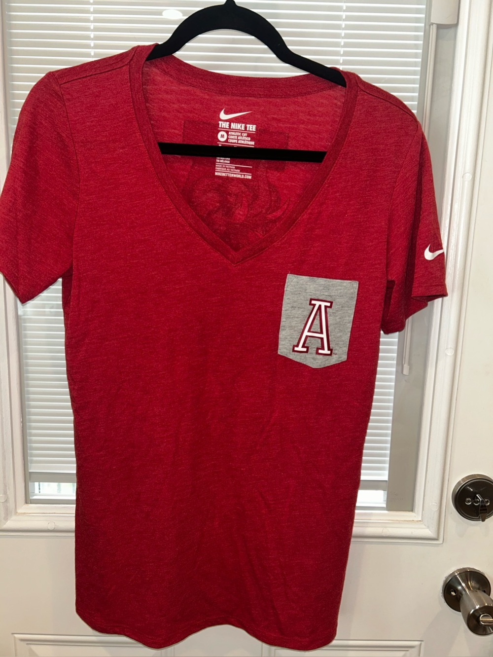 Nike Women's Crimson Tide Alabama Red V-Neck Tee with Gray Pocket and A Patch